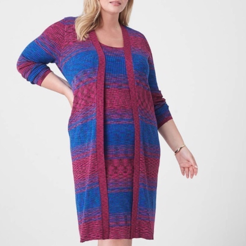 Lane Bryant Open front blue pink block long sleeve Knit slouchy sweater cardigan